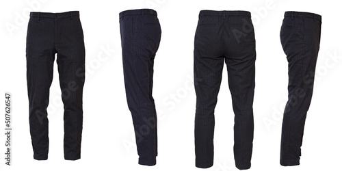 スリムな濃紺のスラックス 白い線のストライプ柄 前後左右の切り抜き 白背景