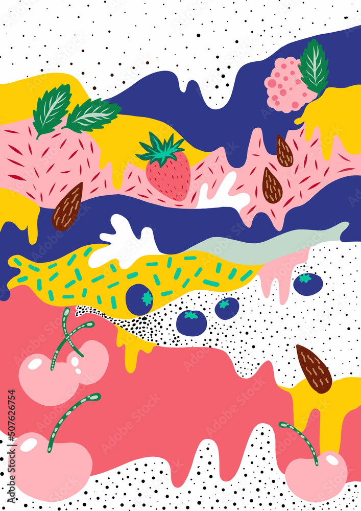 Hand drawn Food Pattern with milk and fruit and Vanilla Hand drawn Food Pattern with milk and fruit and Vanilla