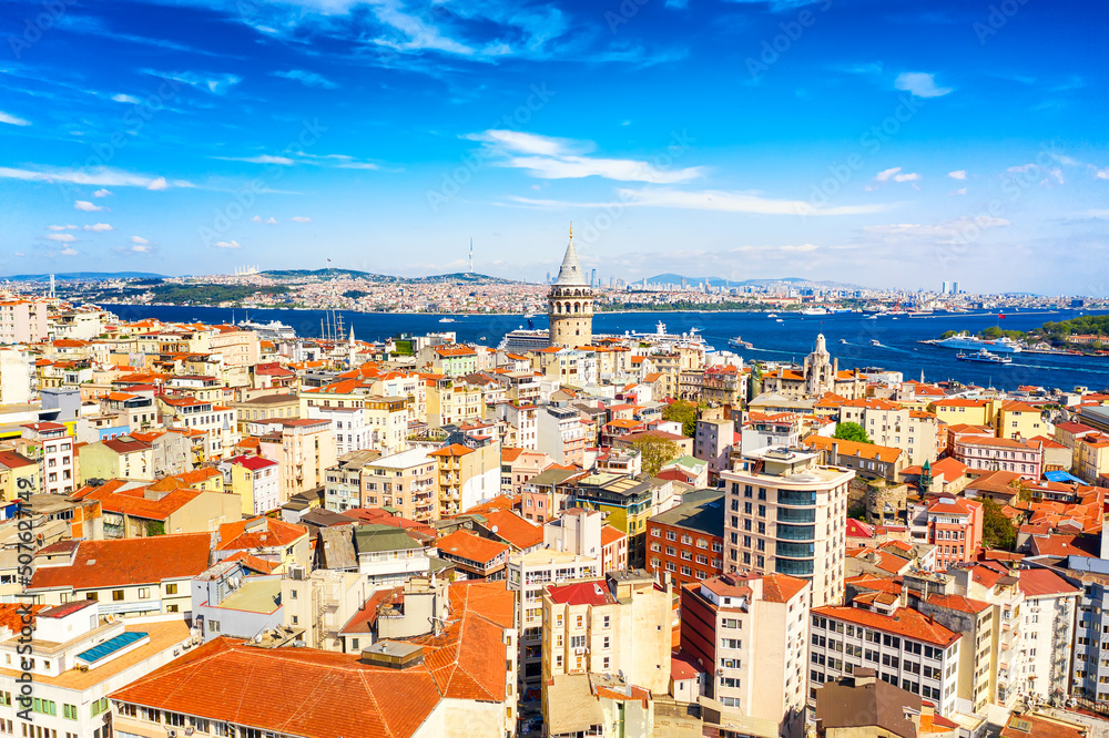 Aerial drone view of Galata Tower in Istanbul, Turkey. Summer sunny day