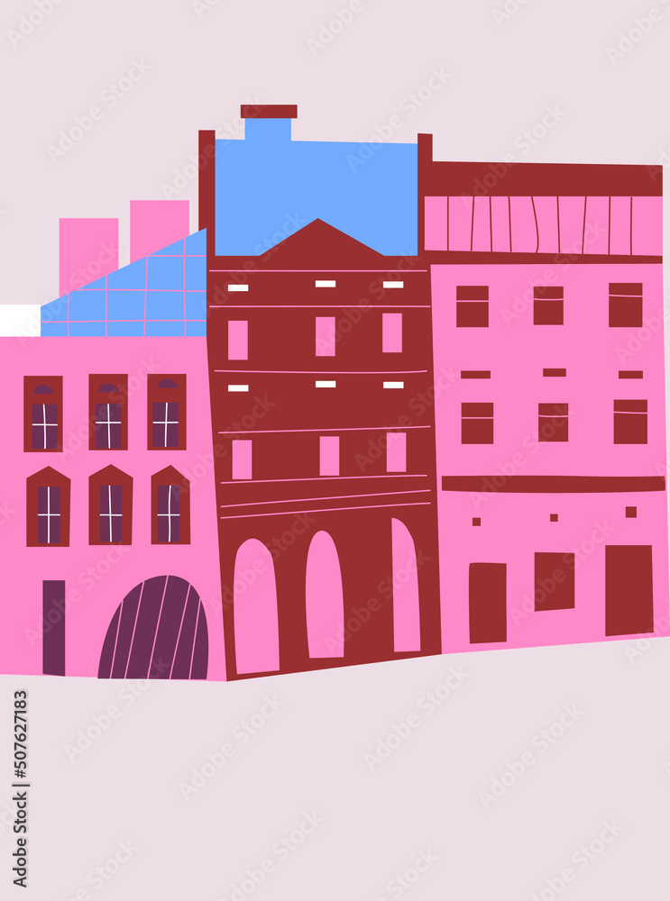 Cartoon vector buildings illustration. Europe architecture modern abstract style. Europe travel poster illustration. Illustration street of an ancient city. Urban landscape.