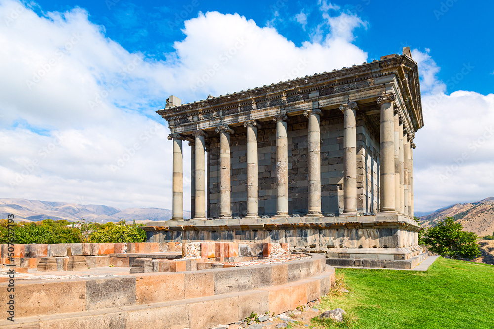 Hellenistic ancient pagan Garni temple in Armenia. Sunny day