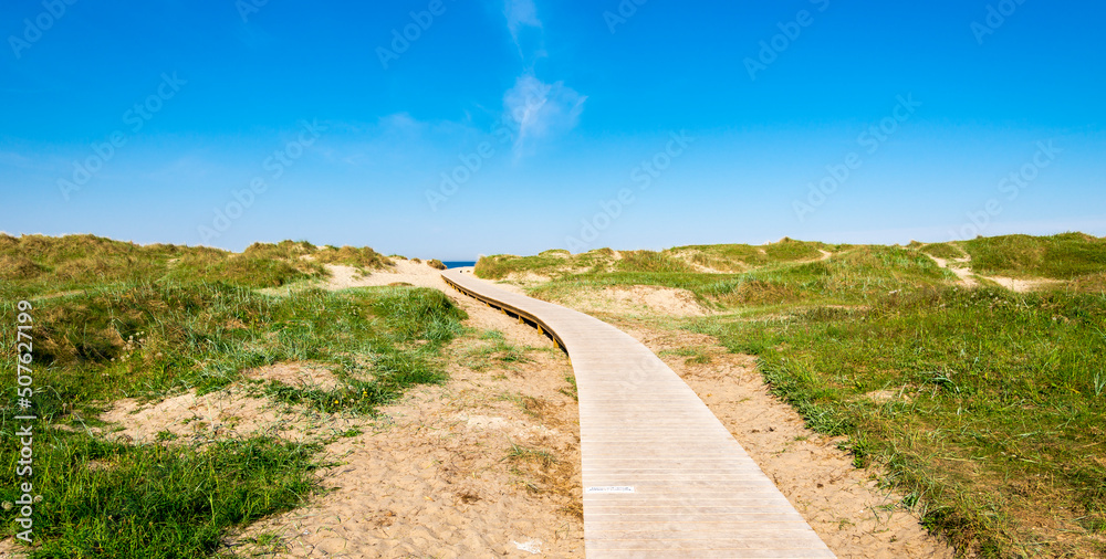 A wooden boardwalk from Sola Strand Hotel to the beach, Stavanger, Norway, May 2018