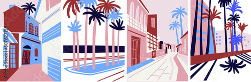 Urban landscape drawing vector. Simple and cozy street, cafe, palm, house. Abstract architecture four banner. Cartoon vector buildings illustration.Trendy homes with windows, roof and palm.