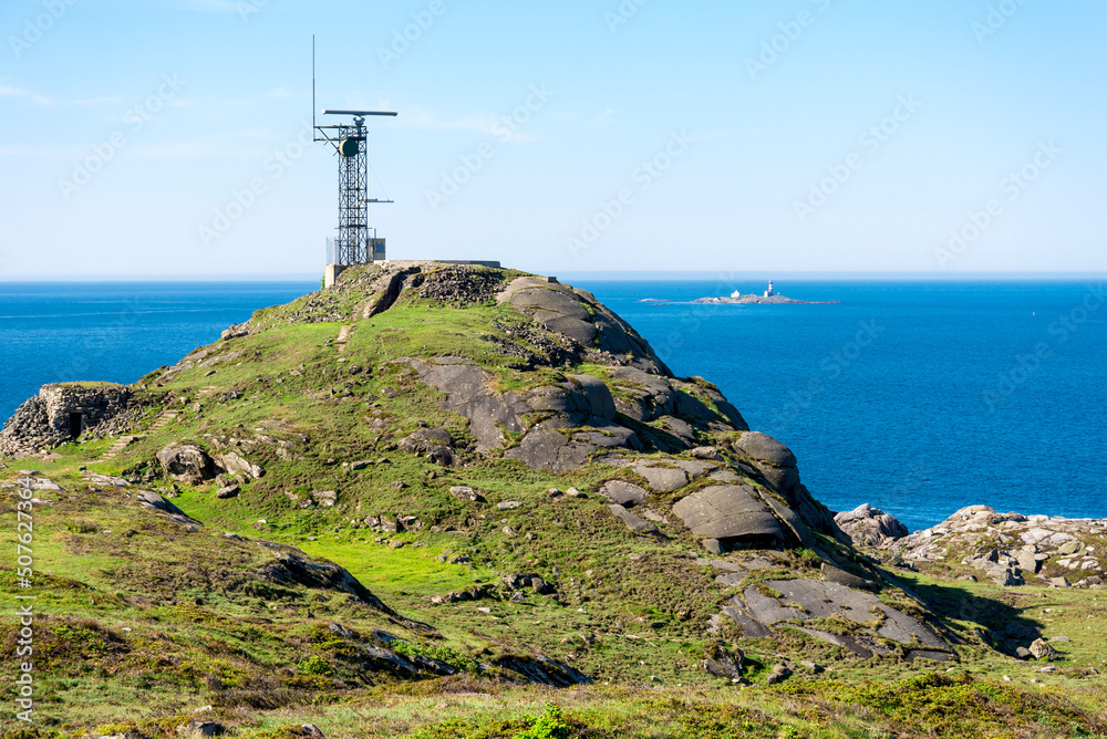 A view to North sea and Feistein lighthouse island from a hiking trek between Hellesto and Vigdel beaches, Stavanger, Norway, May 2018