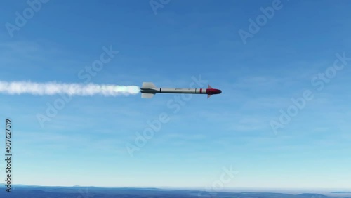 Guided missile flying above earth in low altitude. Realistic view of a high-speed rocket hovering above ground and heading towards a target
