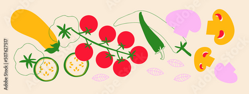 Cute appetizing Vegetables collection. Decorative abstract horizontal banner with colorful doodles. Hand-drawn modern illustrations with Vegetables, abstract elements. 