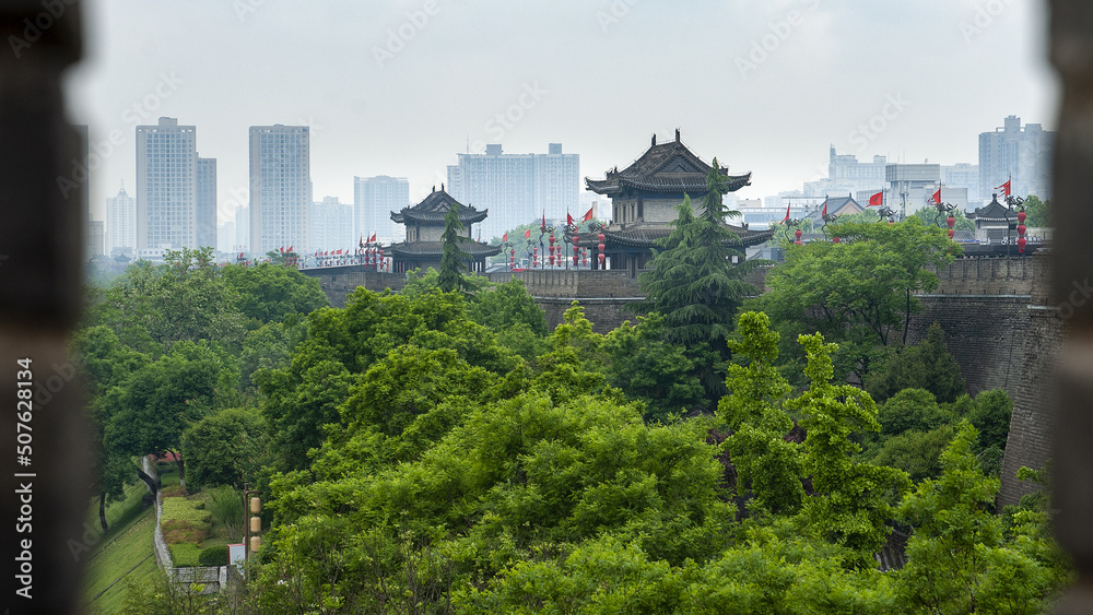 Xi'an, China. The 600-year-old Ming Dynasty architecture bell tower view in summer in Xi'an, Shaanxi, China