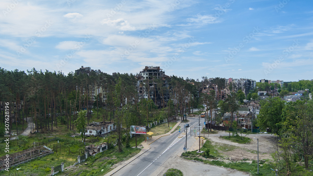 Irpin, Ukraine - May 15, 2022: Destroyed buildings on the streets of Irpen.