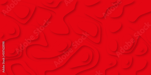 Papercut geometric topography pattern on red 3D multi layer background. Vector illustration. 3D abstract carving art. Red abstract paper shapes, wave layers with shadows, web page with copy space.