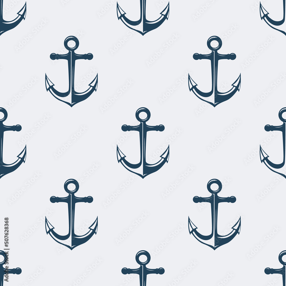Vector Seamless Pattern with Hand drawn Anchor. Design Template for Textile, Apparel, Wallpapers. Blue Anchor on White. Antique Vintage Marine Anchors Vector Seamless Pattern with Hand drawn Anchor. Design Template for Textile, Apparel, Wallpapers. Blue Anchor on White. Antique Vintage Marine Anchors