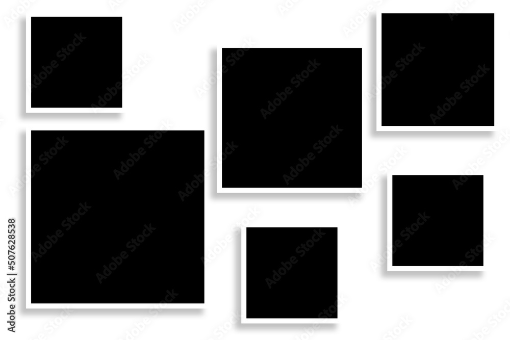 6 Square picture frames in black & white color with clean borders & a creative layout. Used as a photo collage template to place your album pictures or photographs collection in a classic old style. 6 Square picture frames in black & white color with clean borders & a creative layout. Used as a photo collage template to place your album pictures or photographs collection in a classic old style.