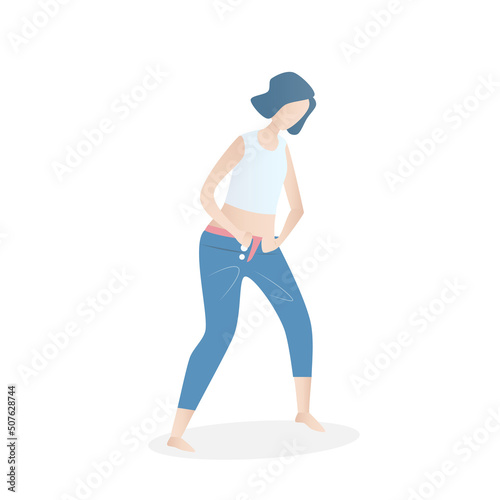 Young woman with a big belly she can't wear jeans pants,Overweight and obesity concept,Vector illustration.