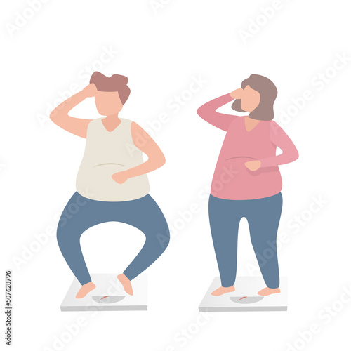 Fat man and woman worry Shocked weight gain,Standing  on weight scale machine,it was time to lose weight,Overweight and obesity ,Vector illustration.