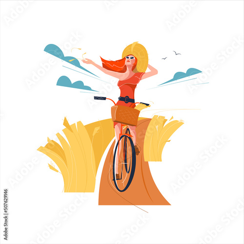 A woman rides a bike against the background of beautiful landscape vector illustration. A happy red-haired girl rides a bicycle through a wheat field.