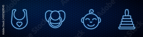 Set line Little boy head, Baby bib, dummy pacifier and Pyramid toy. Glowing neon icon on brick wall. Vector