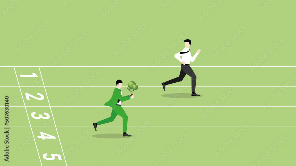 Concept of ESG and green business policy of environmental concern, save a planet, eco friendly, sustainability company. A businessman with a tree runs on a race track, attention from leader rivalry. Concept of ESG and green business policy of environmental concern, save a planet, eco friendly, sustainability company. A businessman with a tree runs on a race track, attention from leader rivalry.