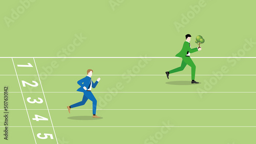 Advantages of ESG and green business policy of environmental concern, save a planet, eco friendly sustainability company. A leader businessman with a tree and rivalry are compete run on a race track.