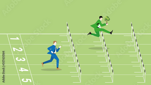 Advantages of ESG and green business policy of environmental concern, eco friendly, sustainability company. A leader businessman with a tree and competitor are run and jump over obstacles in race.