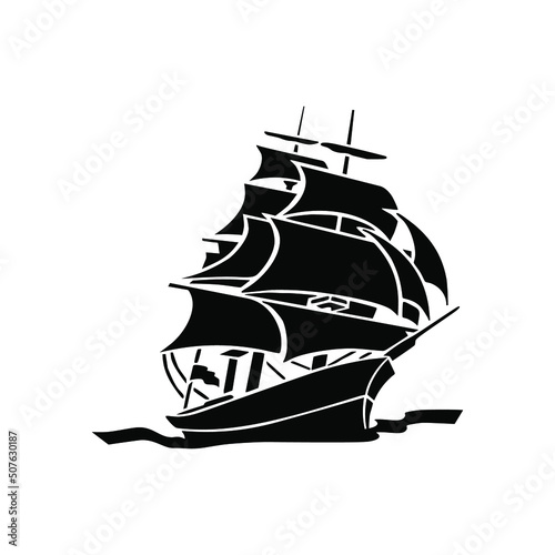 Sailing ship, black sign on a white background, logo for design, vector illustration