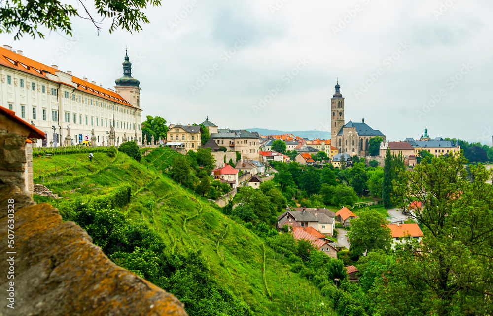 Panorama of the medieval town of Kutna Hora in the Central Czechia, UNESCO heritage site, wall, church