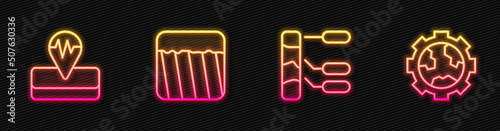 Set line Soil analysis, Earthquake, Ground and Gear wheels and earth. Glowing neon icon. Vector