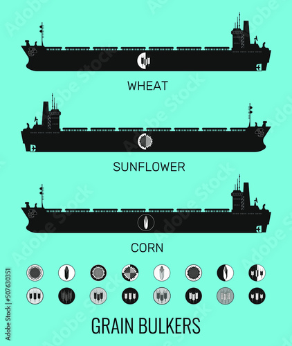 Icon set of bulk carriers for transportation of bulk cereals and icons of grain, corn, sunflower. Constructor for designer. Vector illustration
