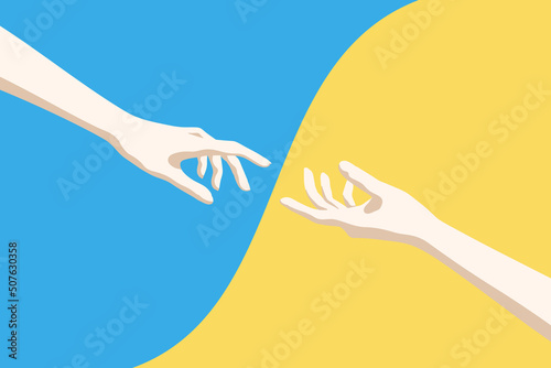 Reaching hands. Patriotic graphic poster. Ukrainian yellow blue flag