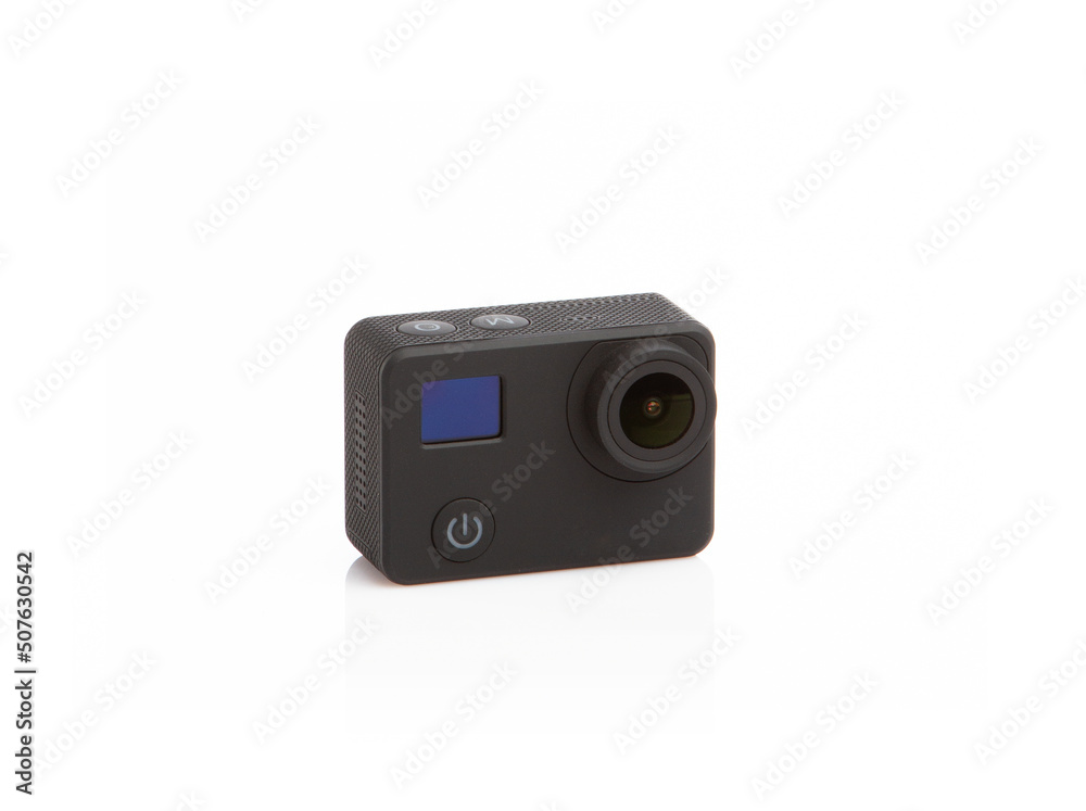compact action camera isolated on white background