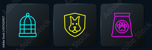 Set line Cage for birds, Bag of food pet and Animal health insurance. Black square button. Vector