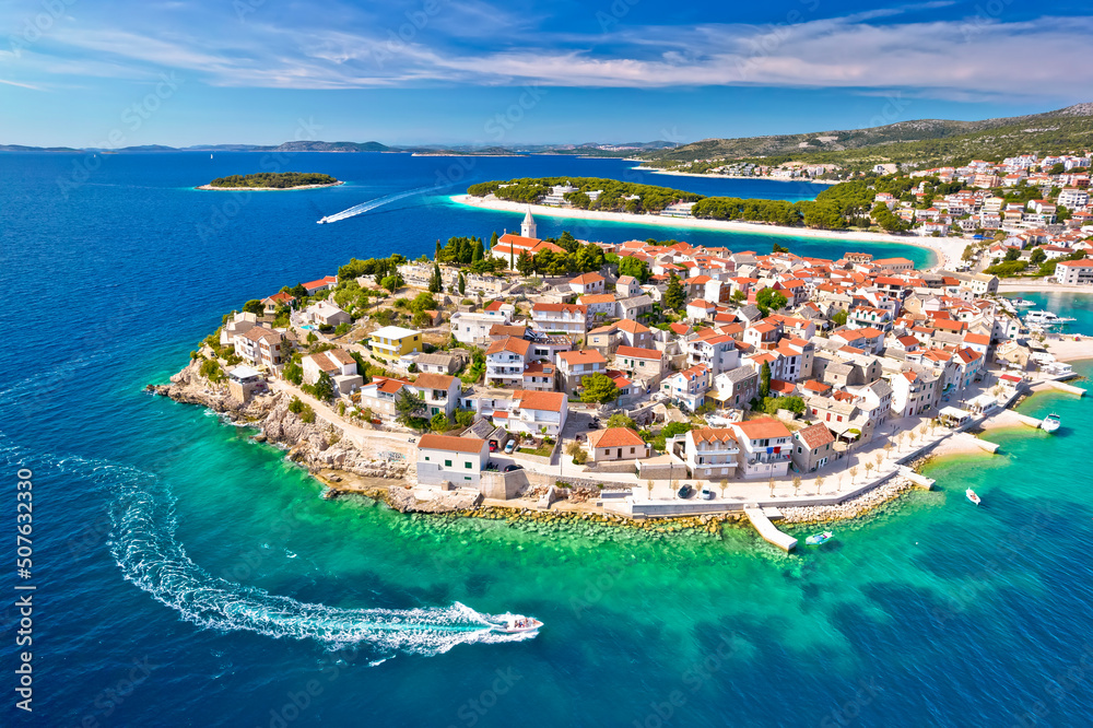 Adriatic tourist town of Primosten aerial panoramic archipelago view, Adriatic sea