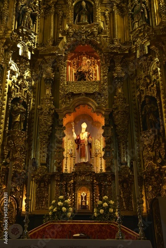 Sculpture of Dionysius the Areopagite at the center of the Baroque masterpiece high altar by Don Agustín de Medina y Flores, Real Iglesia De San Dionisio Areopagita church, Jerez de la Frontera, Spain photo