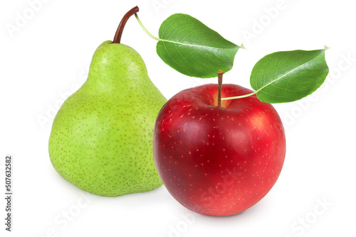 Pear and apples on an isolated white background. Red pear, green pear