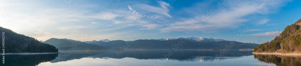 panorama of the Walchensee in the morning (Lake Walchen, Bavaria, Germany)