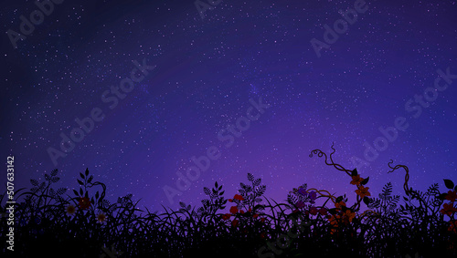 Night sky with stars and landscape with wild flowers stem flower purple
