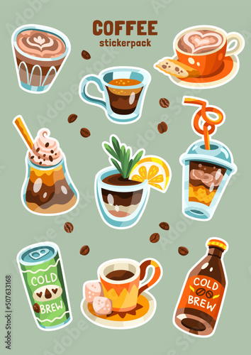 Set of vector illustration of coffee based drinks. Pack of ready to print stickers. Blue, orange, brown, beige, yellow colors. Hand drawn cartoon flat vector illustration