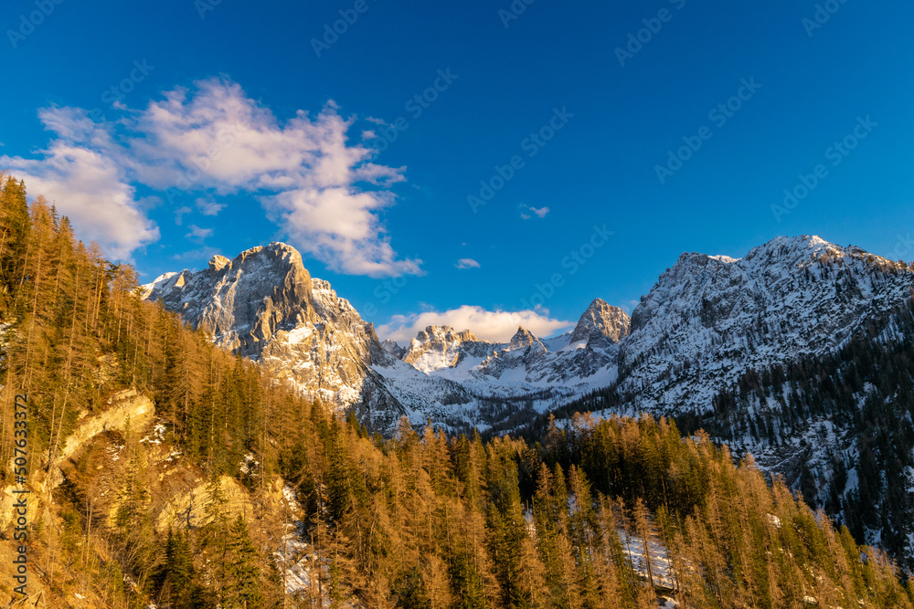 alpine scenery with snow covered mountains (Tristach, Lienz, Tyrol, Austria)