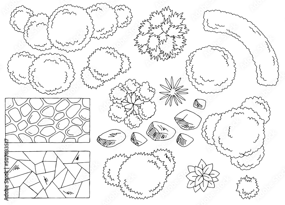 Landscape architect design element set graphic black white top sketch aerial view isolated illustration vector Landscape architect design element set graphic black white top sketch aerial view isolated illustration vector
