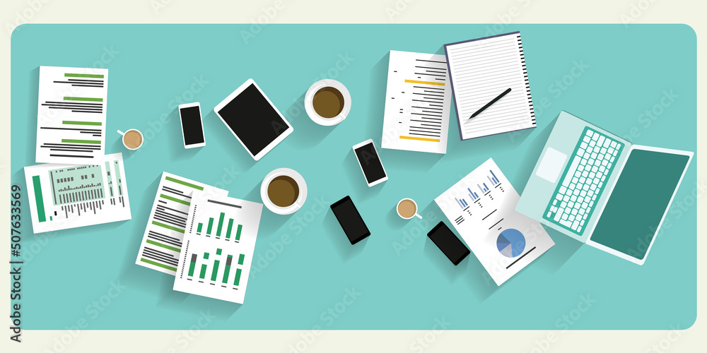 Modern vector illustration concept data design teamwork analyzing a project at a business meeting. Modern vector illustration concept data design teamwork analyzing a project at a business meeting.