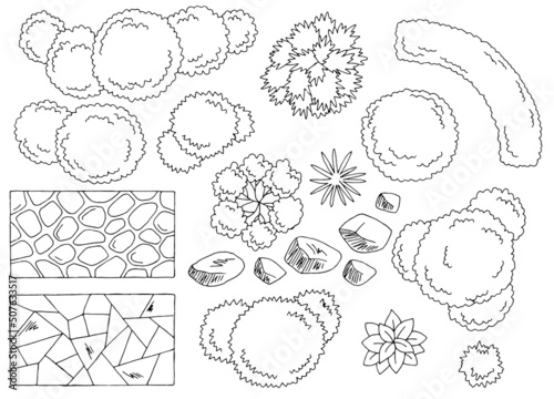 Landscape architect design element set graphic black white top sketch aerial view isolated illustration vector 