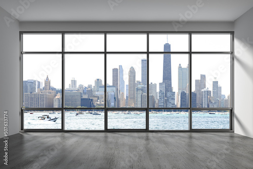 Downtown Chicago City Skyline Buildings from Window. Beautiful Expensive Real Estate. Epmty office room Interior Skyscrapers, View Lake Michigan waterfront, harbor. Cityscape. Day time. 3d rendering.