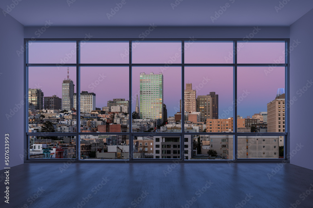 Fototapeta premium Empty room Interior Skyscrapers View Cityscape. Downtown San Francisco City Skyline Buildings from High Rise Window. Beautiful California Real Estate. Sunset. 3d rendering.
