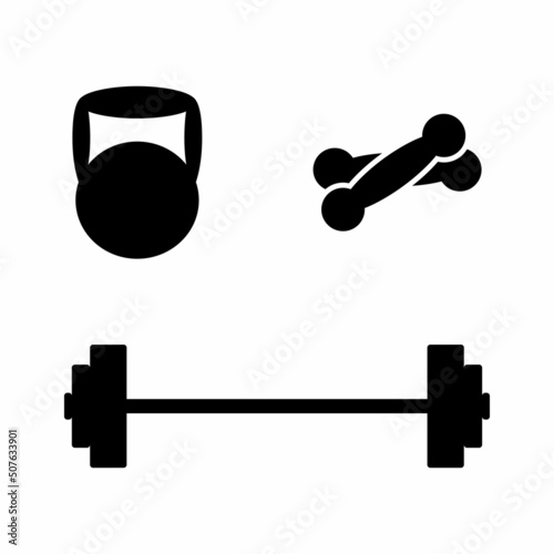Elements of sports equipment for weightlifting. Dumbbells, kettlebell and barbell for strength training and competition in weight lifting. Flat graphic style icons