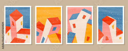 Vector abstract set of cartoon buildings in summer on watercolor textured paper. Minimalist geometry modern posters. Prints for home and business decor, journal illustration, cover, banner, wall art