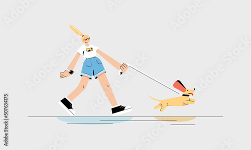 Trendy girl walks with a dachshund dog outdoors in summer. Fashion woman in sunglasses, white t-shirt, blue shorts. Modern style vector illustration for website design