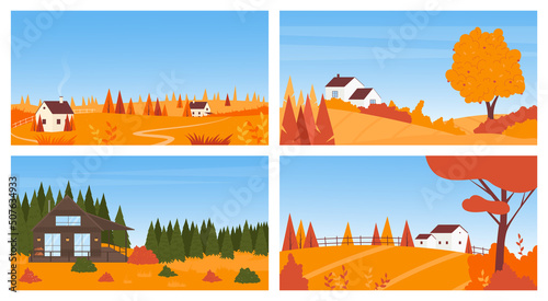 Village autumn landscape with modern or old cottage houses and garden or forest vector illustration set. Cartoon farm buildings and rural orange fields on hills, nature fall trees panorama background
