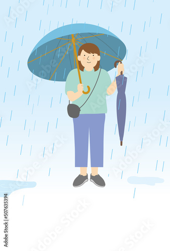 雨の中傘を持って出迎える女性　梅雨