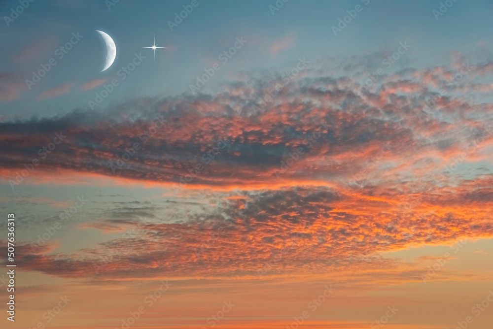 Sunset and new moon . Generous Ramadan