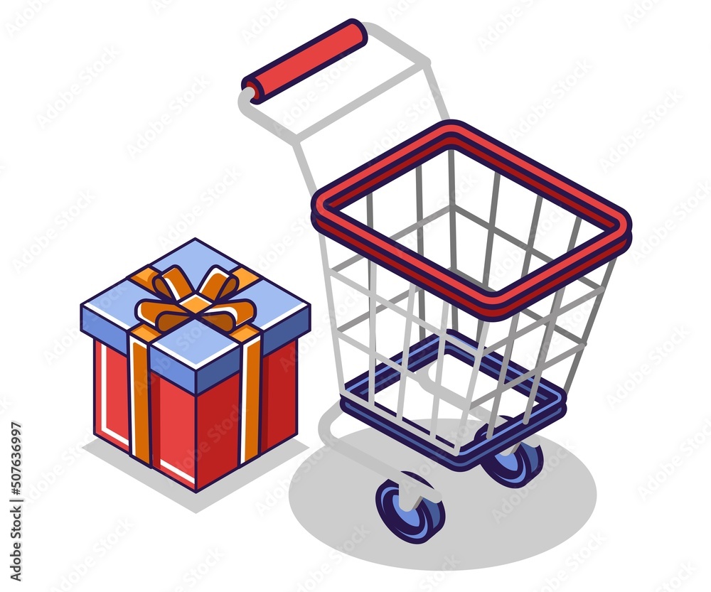 Flat isometric concept illustration. Shopping cart for supplies