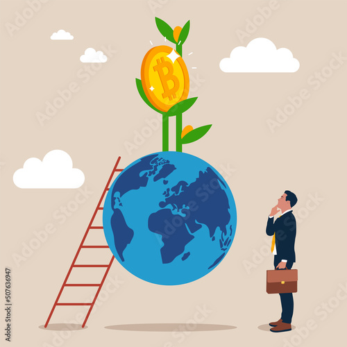 Entrepreneur about to climb up ladder on globe to reach money plant. Global investment opportunity, world stock mutual funds, international or worldwide company profit growth concept.