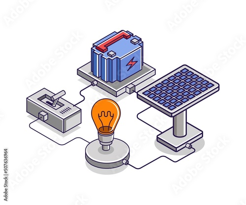 Flat isometric concept illustration. solar panel energy storage switch circuit